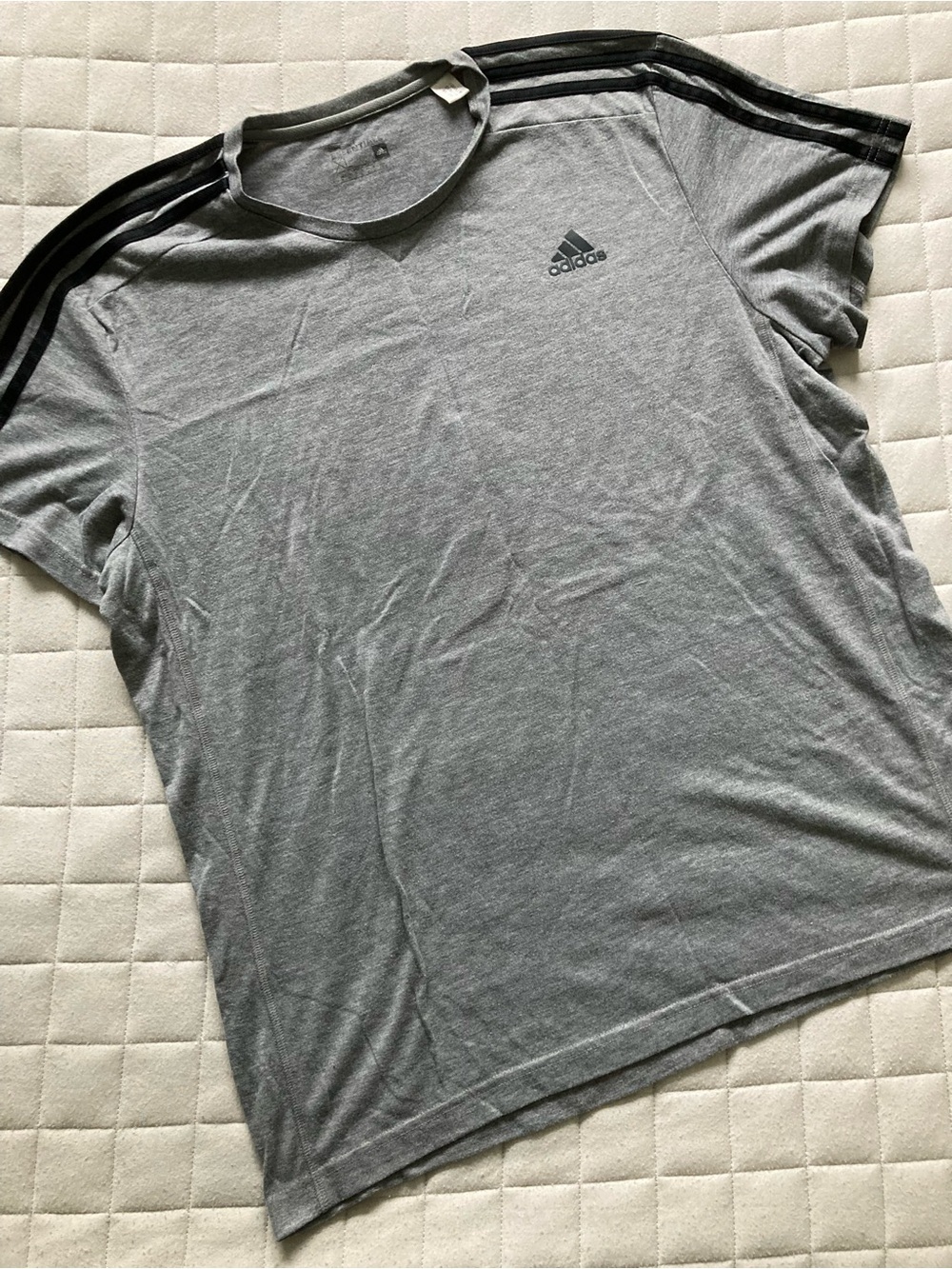 Adidas Men’s Gray Short Sleeve Tee with 3 Black Shoulder Stripes